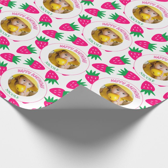 Pink Cute Strawberry Girl Photo Birthday Wrapping Paper (Corner)