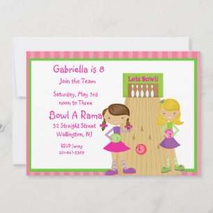 Pink, Cute,Striped Girl Bowling Party Invitation