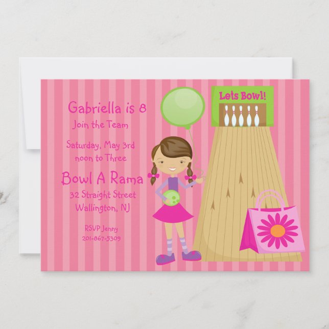 Pink, Cute,Striped Girl Bowling Party Invitation (Front)