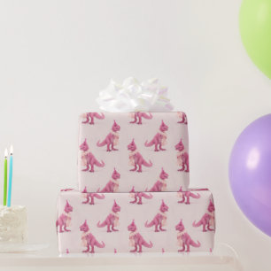 Pink cute t-rex dinasour with boa and party hat wrapping paper