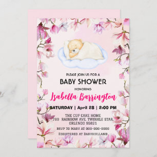 Pink Cute teddy Bear cub flowers baby shower kids Invitation