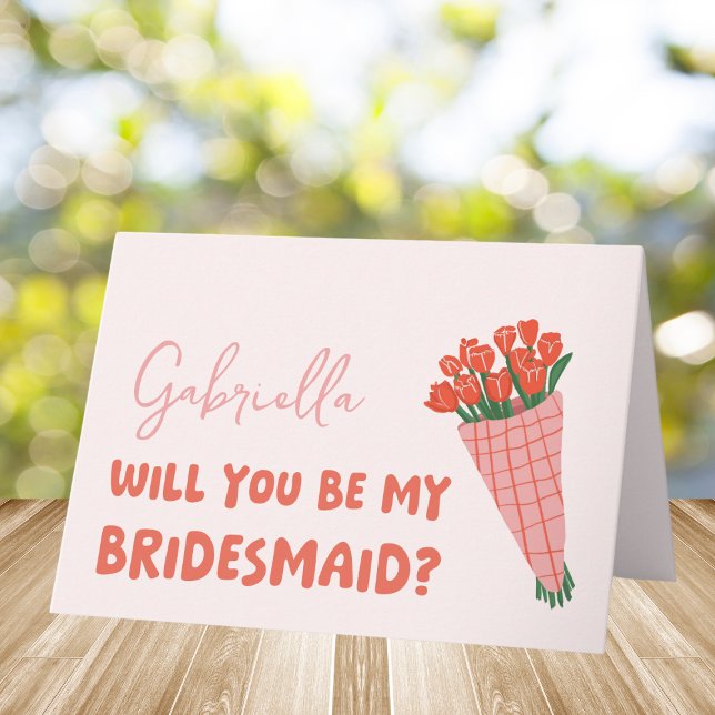 Pink Cute Tulip Will You Be My Bridesmaid Proposal Card (Pop the question to your bridesmaid with this adorable card! A perfect blend of florals and charm.)