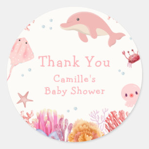 Pink Cute Under The Sea Dolphin Girl Baby Shower  Classic Round Sticker