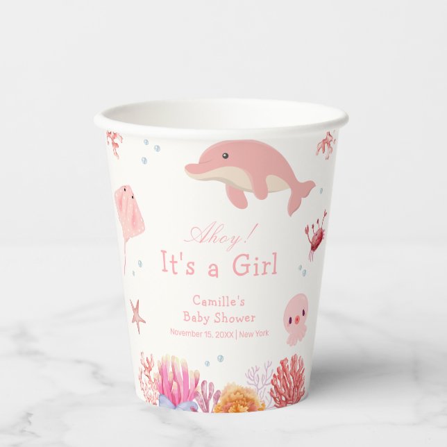 Pink Cute Under The Sea Dolphin Girl Baby Shower  Paper Cups (Front)