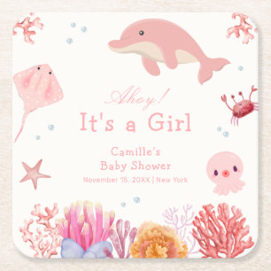 Pink Cute Under The Sea Dolphin Girl Baby Shower Square Paper Coaster
