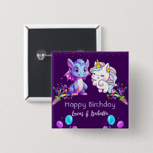 Pink Cute Unicorn dinosaurs rainbow Birthday party 15 Cm Square Badge