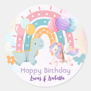 Pink Cute Unicorn dinosaurs rainbow Birthday party Classic Round Sticker