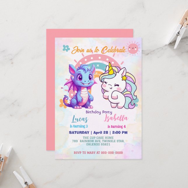 Pink Cute Unicorn dinosaurs rainbow Birthday party Invitation (Front/Back In Situ)