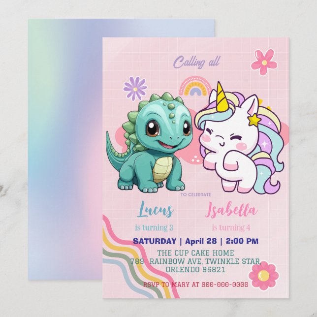 Pink Cute Unicorn dinosaurs rainbow Birthday party Invitation (Front/Back)