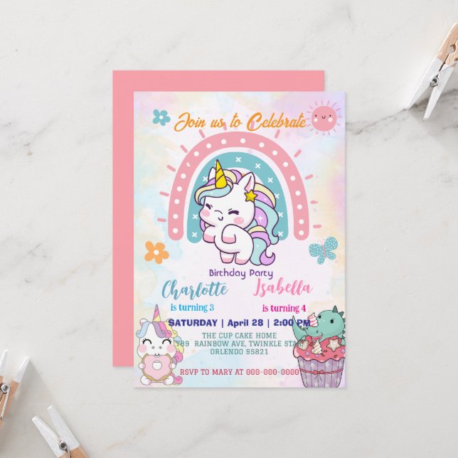 Pink Cute Unicorn dinosaurs rainbow Birthday party Invitation (Front/Back In Situ)