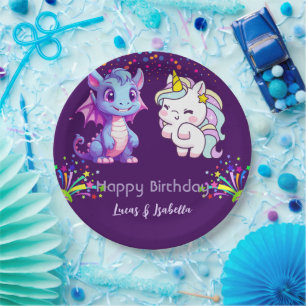 Pink Cute Unicorn dinosaurs rainbow Birthday party Paper Plate