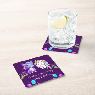 Pink Cute Unicorn dinosaurs rainbow Birthday party Square Paper Coaster