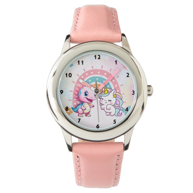 Pink Cute Unicorn dinosaurs rainbow Birthday party Watch (Front)