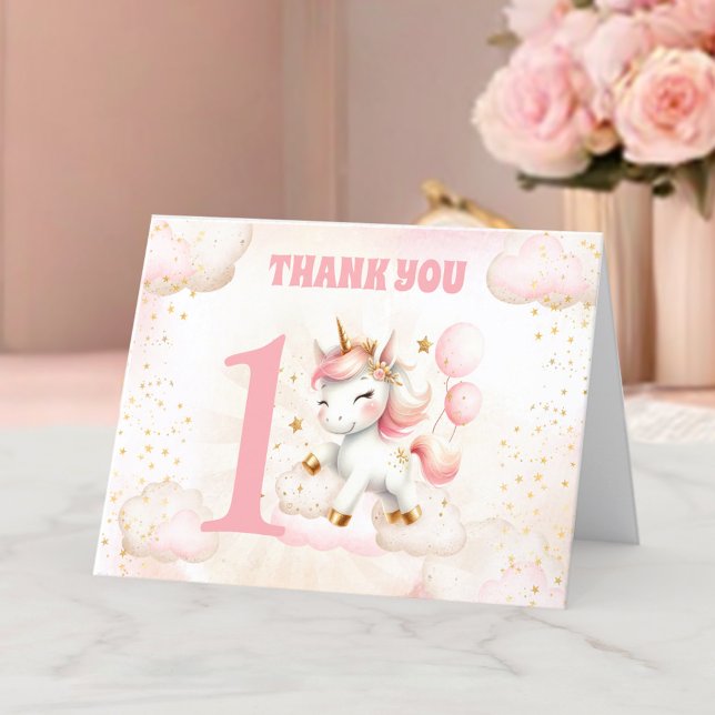Pink Cute Unicorn Girl 1st Birthday Thank You Card (Pink Cute Unicorn Girl 1st Birthday Thank You Card)
