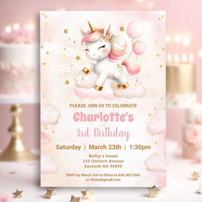 Pink Cute Unicorn Girl Birthday Invitation (Pink Cute Unicorn Girl Birthday Invitation)