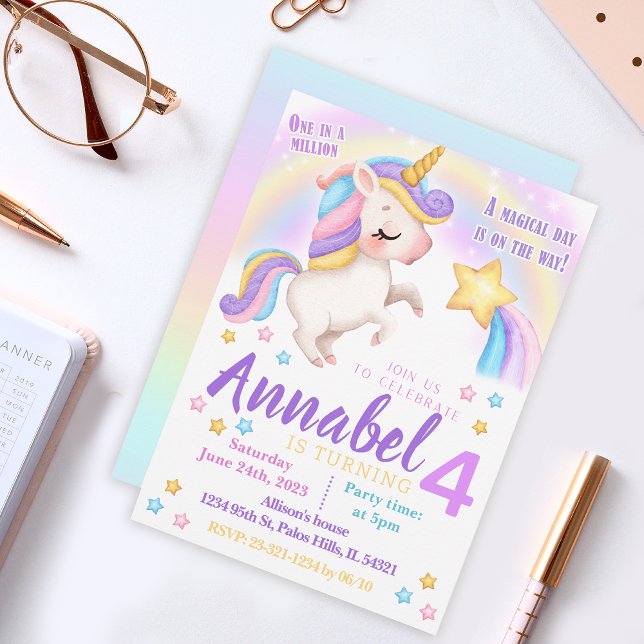 Pink cute unicorn rainbow invitation Birthday card (Creator Uploaded)