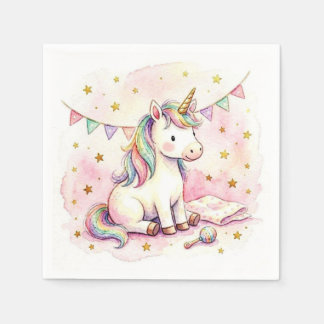 Pink Cute Watercolor Unicorn Paper Plates. Napkin