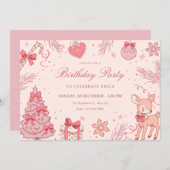 Pink cute winter birthday invitation (Front/Back)