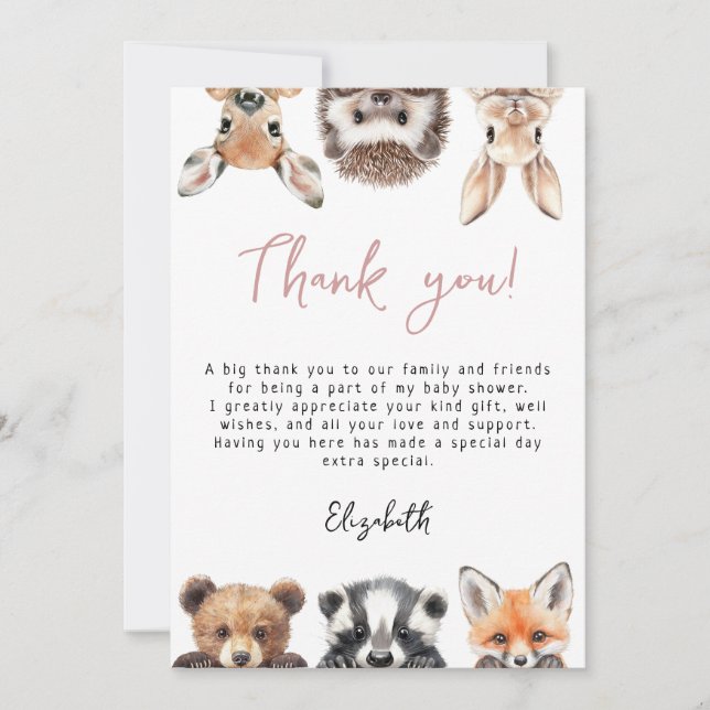 Pink Cute Woodland Forest Animals Baby Shower Thank You Card (Front)