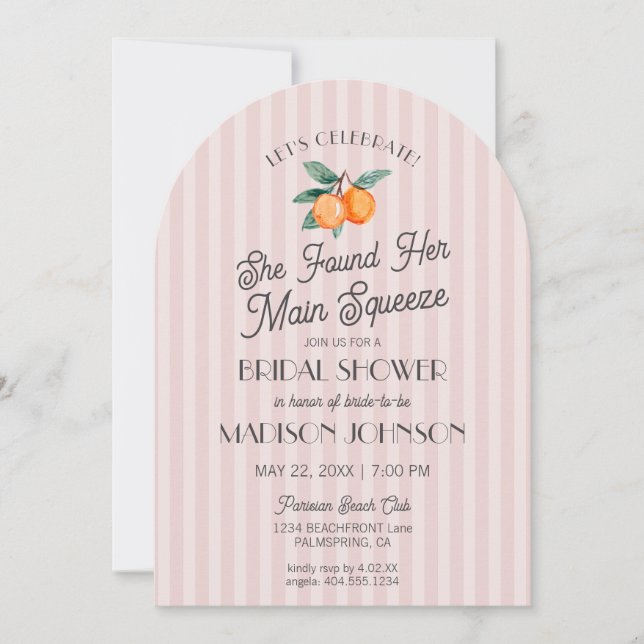 Pink Cutie Main Squeeze Citrus Bridal Shower Invitation (Front)