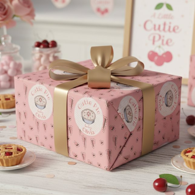 Pink Cutie Pie Baby Girl Wrapping Paper (Boho A Little Cutie Pie Thanksgiving Baby Shower Wrapping Paper for Fall. Autumn Pie and Cute Hearts)