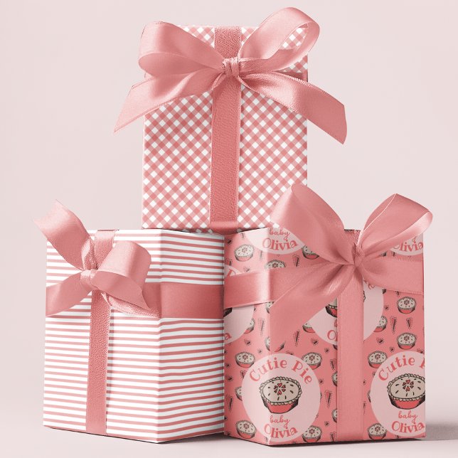 Pink Cutie Pie Baby Girl Wrapping Paper Sheet (Cutie Pie Fall Baby Shower Wrapping Paper in Watermelon Pink. Cute Pies & Hearts, Stripes & Gingham)