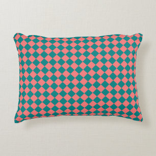 Pink Cyan Chequered Diamond Pattern Decorative Cushion