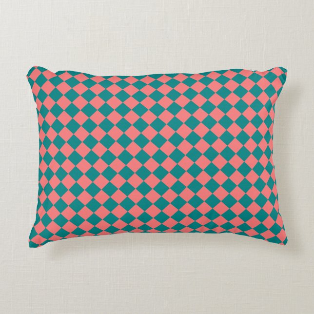 Pink Cyan Chequered Diamond Pattern Decorative Cushion (Front)