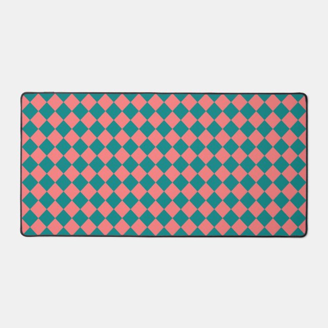 Pink Cyan Chequered Diamond Pattern Desk Mat (Front)