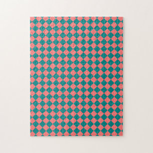 Pink Cyan Chequered Diamond Pattern Jigsaw Puzzle