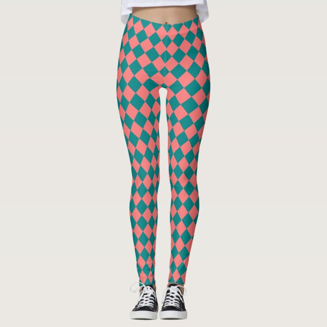 Pink Cyan Chequered Diamond Pattern Leggings (Front)