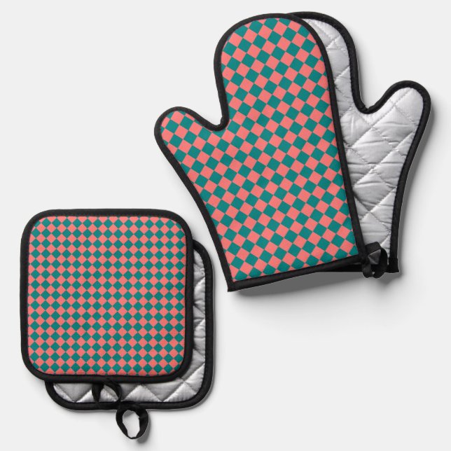 Pink Cyan Chequered Diamond Pattern Oven Mitt & Pot Holder Set (Front/Back)