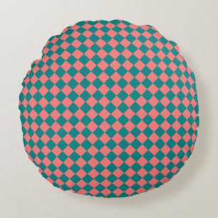 Pink Cyan Chequered Diamond Pattern Round Cushion