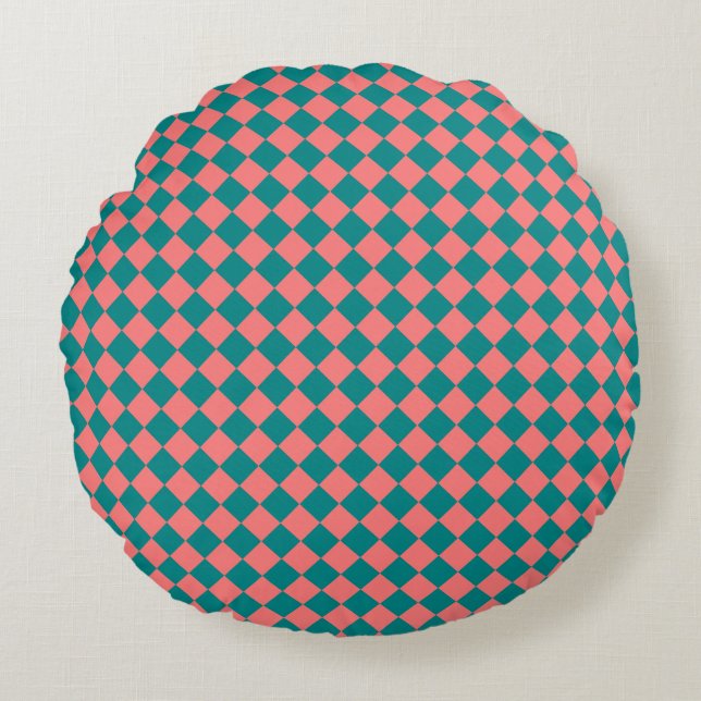 Pink Cyan Chequered Diamond Pattern Round Cushion (Front)
