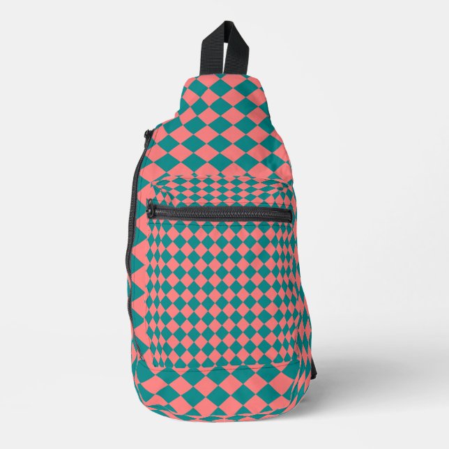 Pink Cyan Chequered Diamond Pattern Sling Bag (Front)