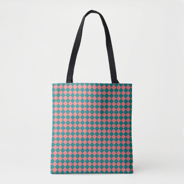 Pink Cyan Chequered Diamond Pattern Tote Bag (Front)