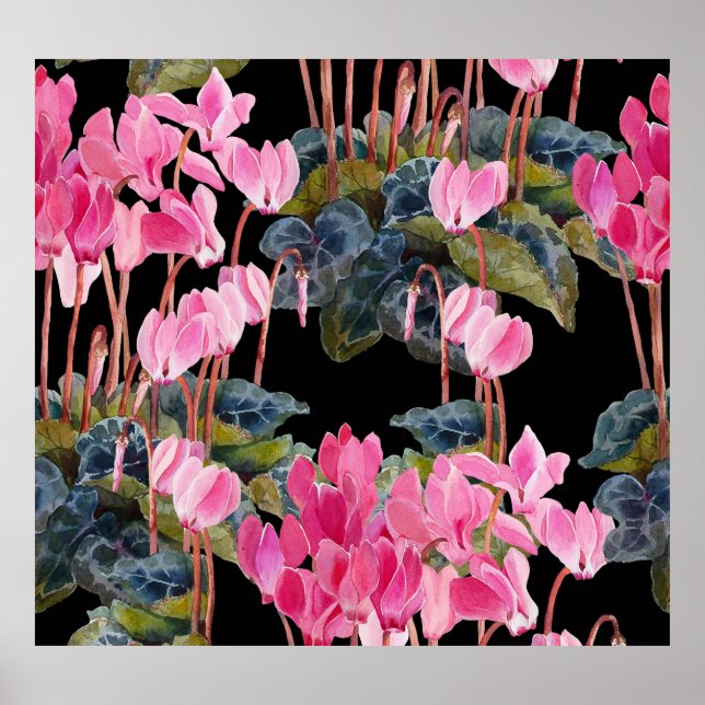 Pink Cyclamen: Dark Floral Watercolor Poster (Front)