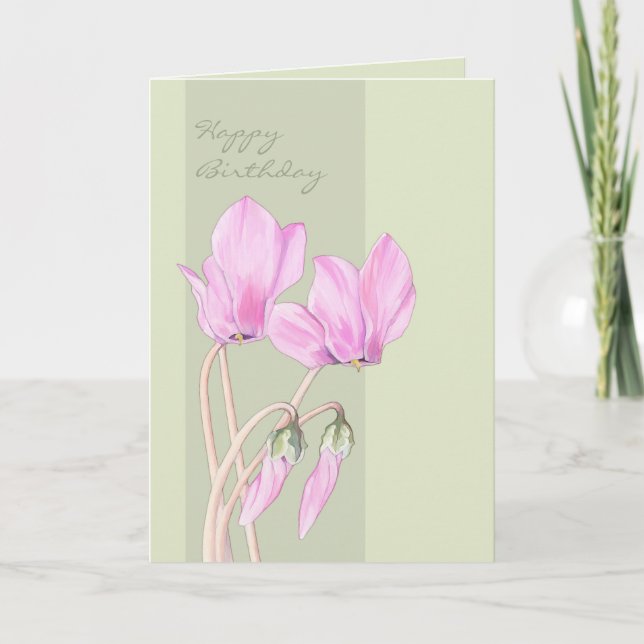 Pink Cyclamens green Birthday Card (Front)