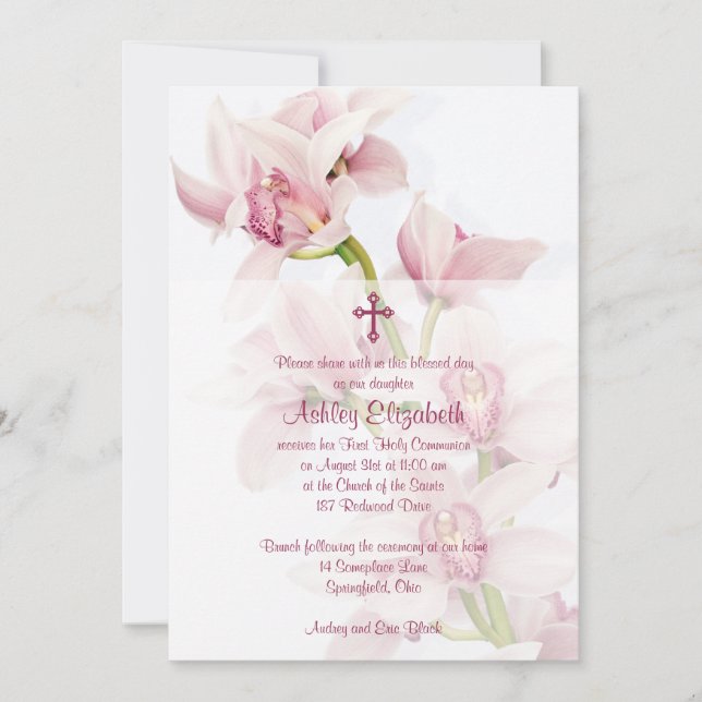 Pink Cymbidium Orchid First Communion Invitation (Front)