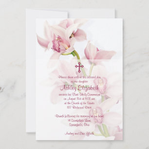 Pink Cymbidium Orchid First Communion Invitation