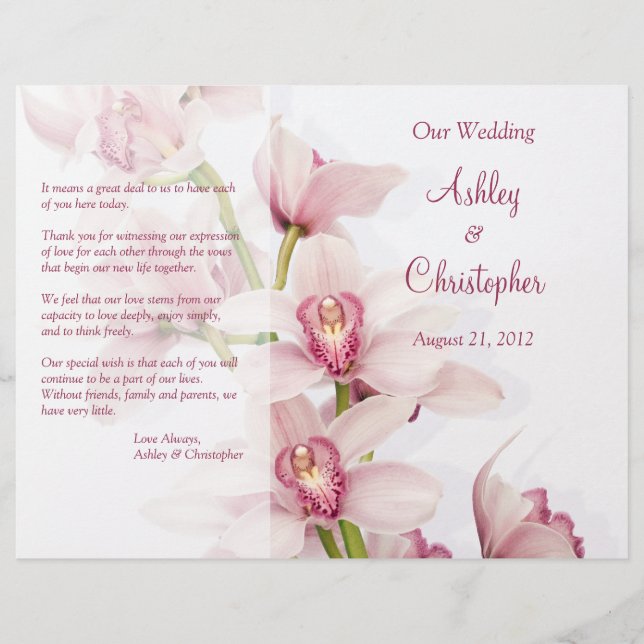 Pink Cymbidium Orchid Floral Wedding Program (Front)