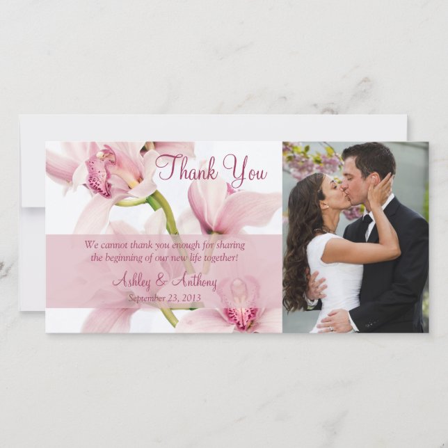 Pink Cymbidium Orchid Wedding Thank You Photocard Card (Front)