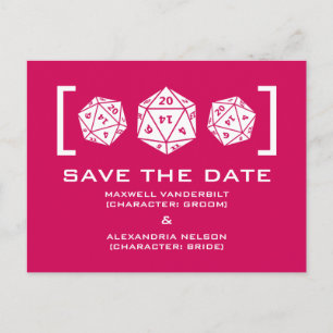 Pink D20 Dice Gamer Save the Date Postcard