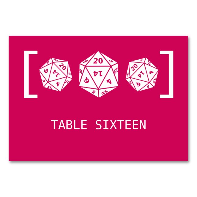 Pink D20 Dice Gamer Wedding Table Card (Front)