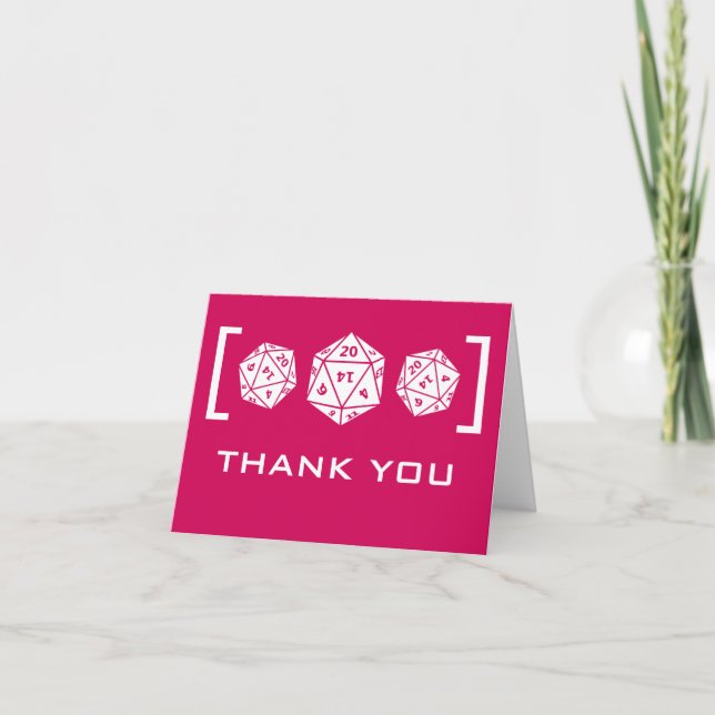 Pink D20 Dice Gamer Wedding Thank You Card (Front)