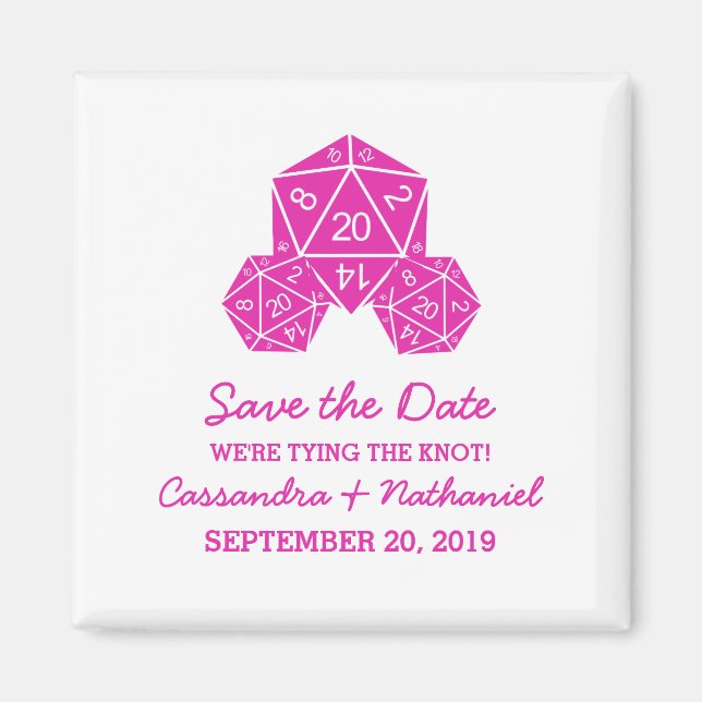 Pink D20 Dice Save the Date Magnet (Front)