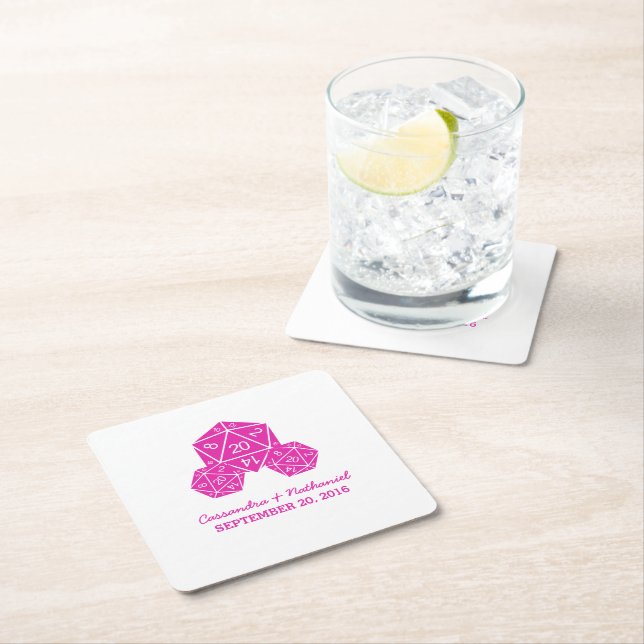 Pink D20 Dice Wedding Paper Coasters (Insitu)
