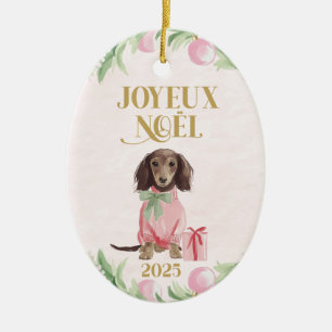 Pink Dachshund Joyeux Noël Ceramic Tree Decoration