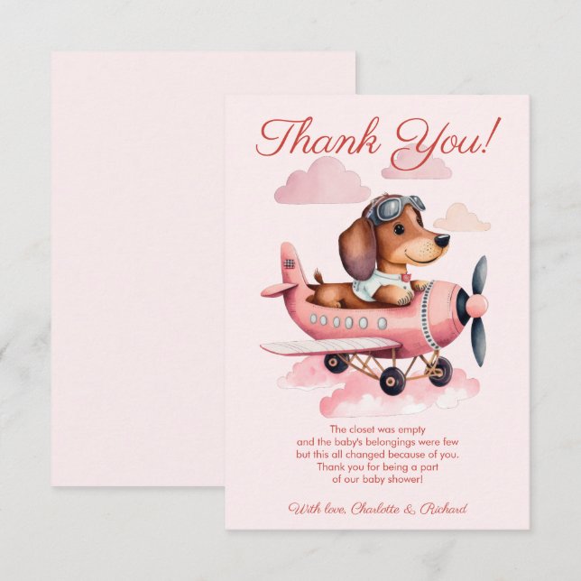 Pink Dachshund Plane Baby Shower Thank You Card (Front/Back)