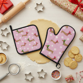 Pink Dachshund Snowflake Oven Mitt and Pot Holders Oven Mitt & Pot Holder Set